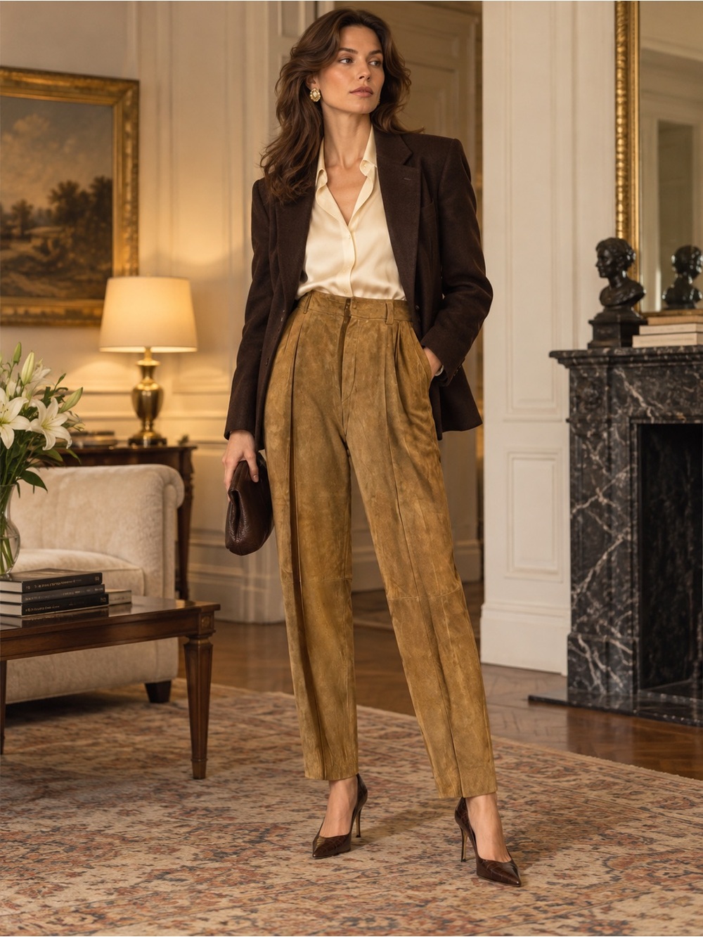 Linda Allard Ellen Tracy Vintage 80s-90s Lambskin Suede Leather High Waist Pant - Picture 3 of 14
